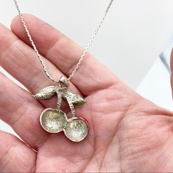 Cherry Pendant Red Green Enamel Silver Plated Chain Necklace - Picture 6 of 12